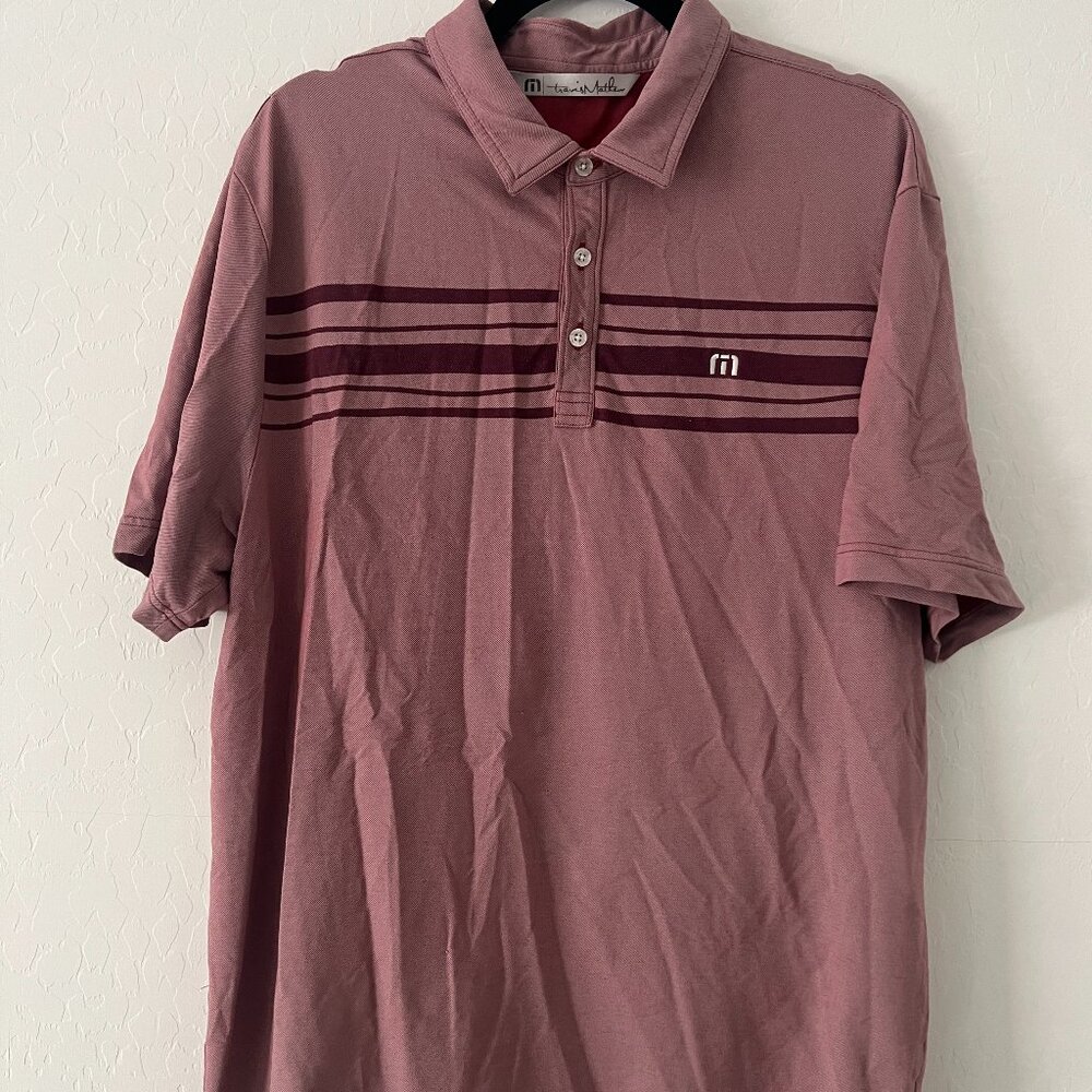 Travis Mathew Mens XL Striped Casual Golf Polo Red Pink Short Sleeve